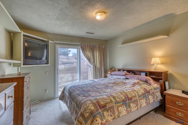 bedroom featuring access to exterior, carpet floors, and a textured ceiling