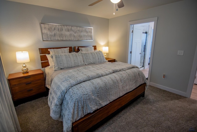 bedroom featuring carpet flooring, a ceiling fan, and baseboards