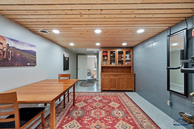 dining area with visible vents, recessed lighting, and wood ceiling