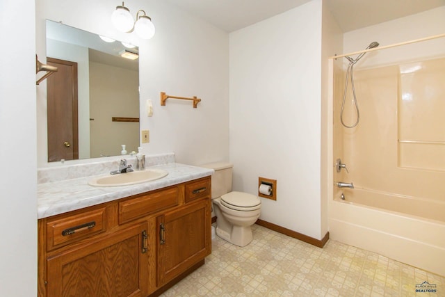 full bathroom featuring tile patterned floors, toilet, vanity, baseboards, and shower / bathtub combination