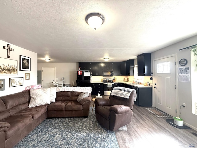 living area with light wood finished floors and a textured ceiling