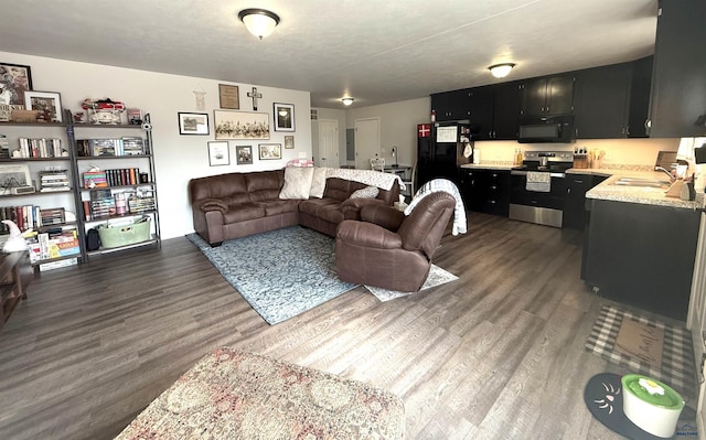 living room featuring dark wood-type flooring