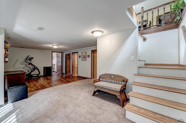 2204 Cruz Dr, Rapid City, SD 57702 - living area featuring stairway, carpet flooring, visible vents, and a textured ceiling