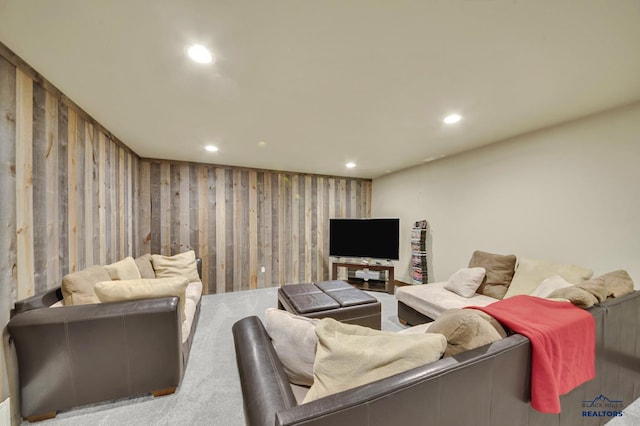 living room featuring recessed lighting and carpet floors