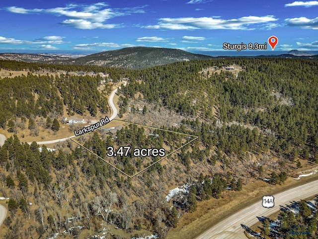birds eye view of property with a view of trees and a mountain view