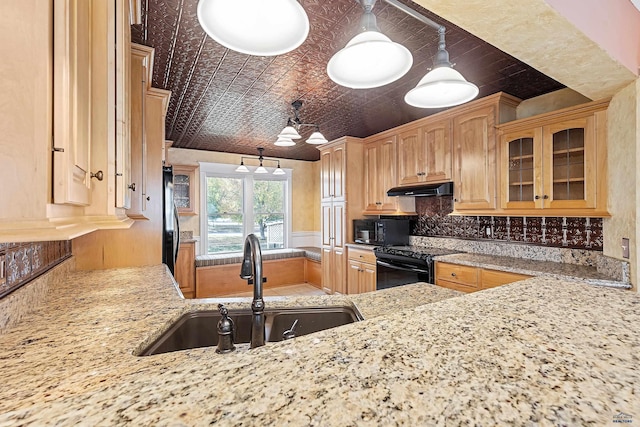 1120 W Blvd, Rapid City, SD 57701 - kitchen with an ornate ceiling, a sink, black appliances, under cabinet range hood, and backsplash