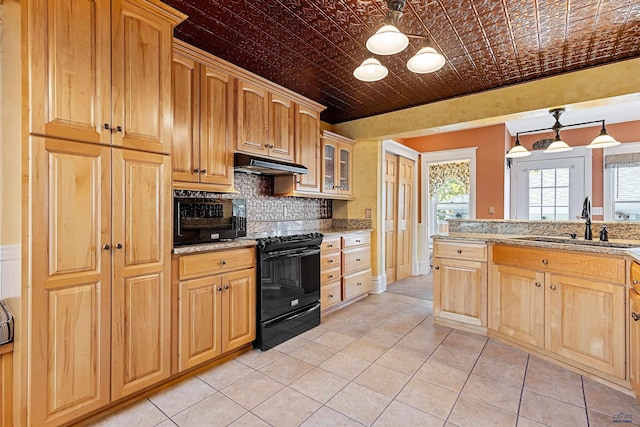 1120 W Blvd, Rapid City, SD 57701 - kitchen featuring light stone counters, an ornate ceiling, black range with electric cooktop, under cabinet range hood, and backsplash