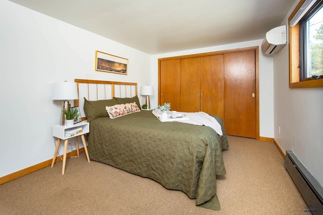 1515 Forest Dr, Rapid City, SD 57701 - bedroom featuring baseboards, light colored carpet, baseboard heating, a closet, and a wall mounted AC
