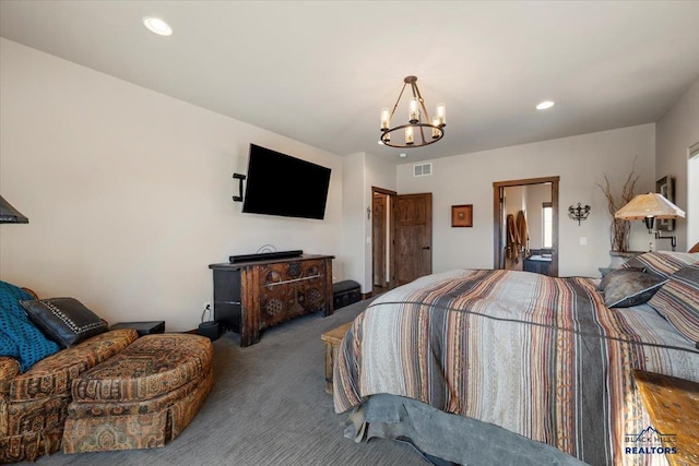 bedroom with recessed lighting, visible vents, carpet floors, and a chandelier