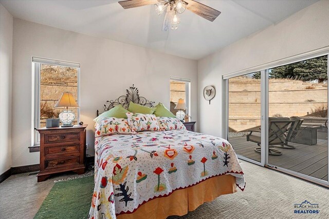 bedroom with baseboards, ceiling fan, carpet flooring, and access to outside