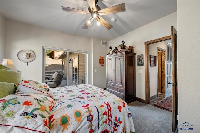 bedroom featuring visible vents, ceiling fan, baseboards, carpet, and access to outside
