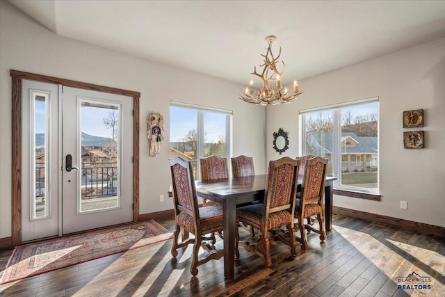 dining area with a chandelier, dark wood finished floors, and baseboards