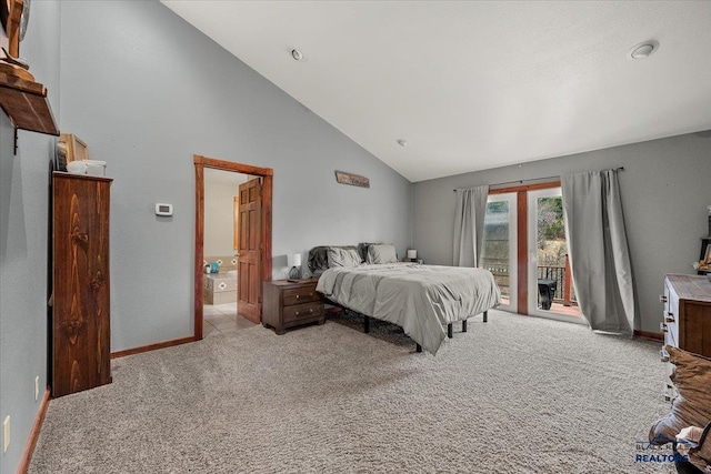 19329 US Highway 85, Belle Fourche, SD 57717 - bedroom with high vaulted ceiling, light carpet, baseboards, and access to exterior