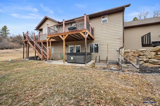19329 US Highway 85, Belle Fourche, SD 57717 - rear view of property with a lawn, stairs, a deck, and a hot tub