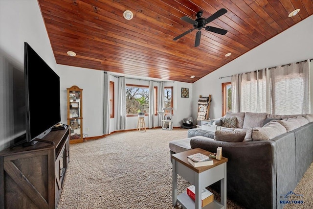 19329 US Highway 85, Belle Fourche, SD 57717 - carpeted living room featuring baseboards, ceiling fan, vaulted ceiling, and wooden ceiling