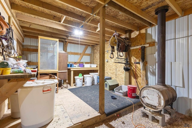 basement with a wood stove