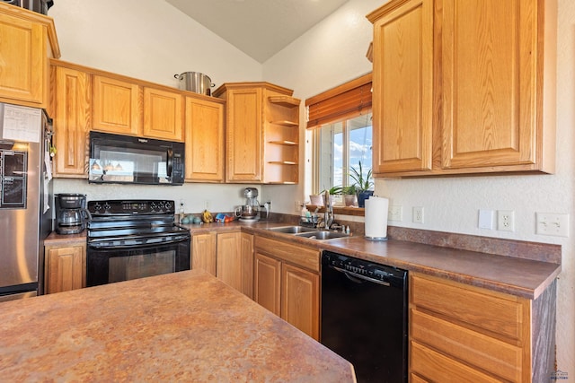 kitchen featuring dark countertops, a sink, open shelves, black appliances, and vaulted ceiling