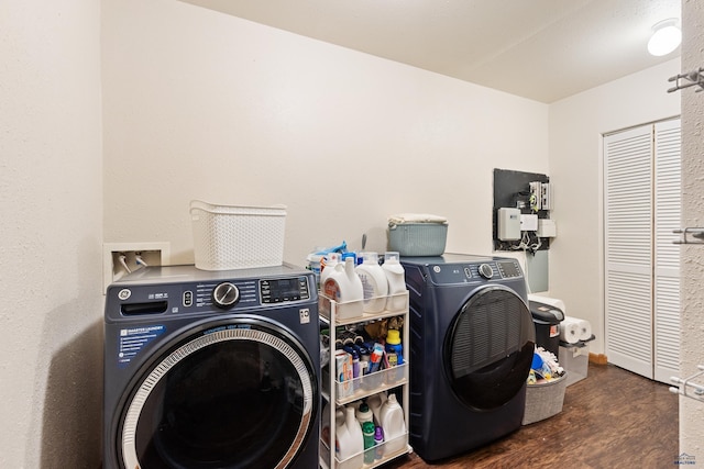washroom featuring washing machine and dryer, wood finished floors, and laundry area