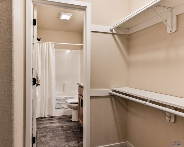 spacious closet with dark wood finished floors