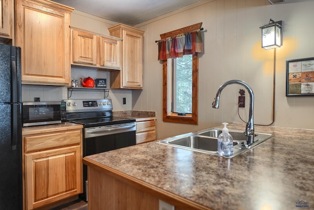 kitchen with decorative backsplash, a sink, open shelves, and appliances with stainless steel finishes