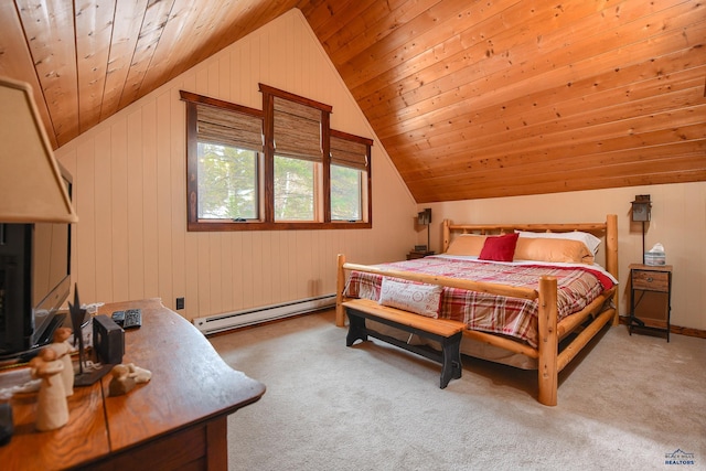 carpeted bedroom featuring vaulted ceiling, a baseboard heating unit, and wooden ceiling