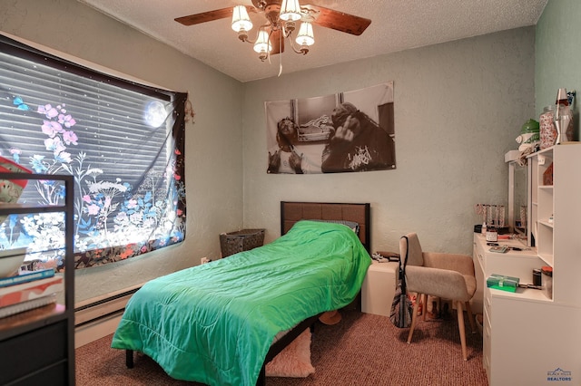 carpeted bedroom featuring a textured wall, ceiling fan, and a textured ceiling