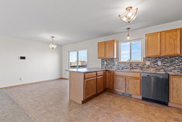 kitchen featuring a sink, tasteful backsplash, a peninsula, stainless steel dishwasher, and visible vents