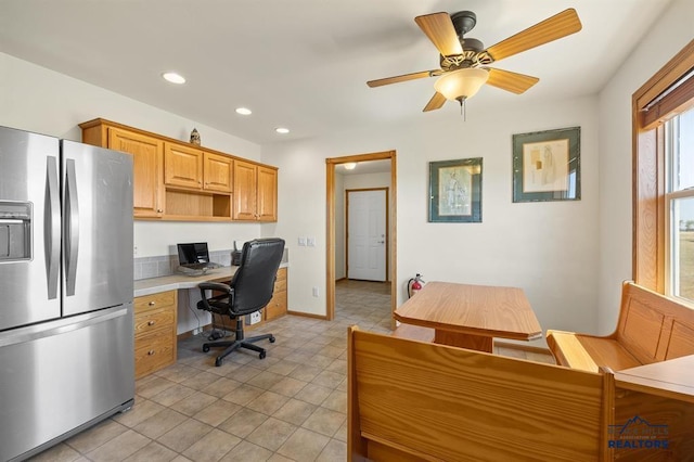 home office featuring baseboards, built in desk, recessed lighting, a ceiling fan, and light tile patterned floors