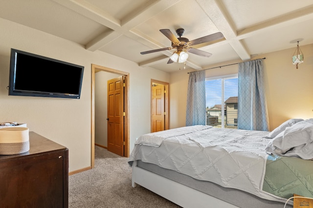bedroom with coffered ceiling, baseboards, carpet floors, beam ceiling, and ceiling fan