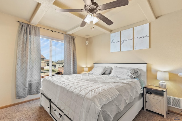 bedroom featuring baseboards, carpet flooring, coffered ceiling, and beamed ceiling