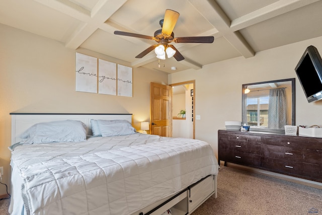 bedroom featuring carpet floors, coffered ceiling, beamed ceiling, and ceiling fan