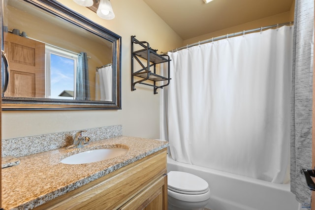 bathroom featuring shower / bath combination with curtain, toilet, and vanity