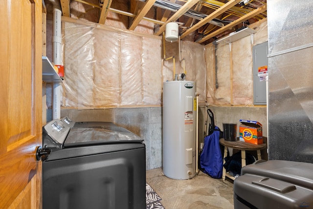 unfinished basement with water heater, washer and clothes dryer, and electric panel