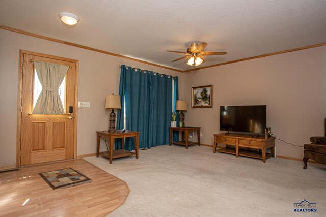 living area featuring crown molding, a ceiling fan, and baseboards