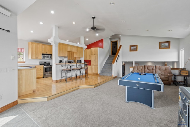 23863 Emerald Pines Dr, Hill City, SD 57745 - rec room with ceiling fan, recessed lighting, light carpet, lofted ceiling, and billiards