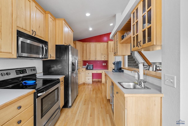 23863 Emerald Pines Dr, Hill City, SD 57745 - kitchen featuring a sink, vaulted ceiling, appliances with stainless steel finishes, and light brown cabinets