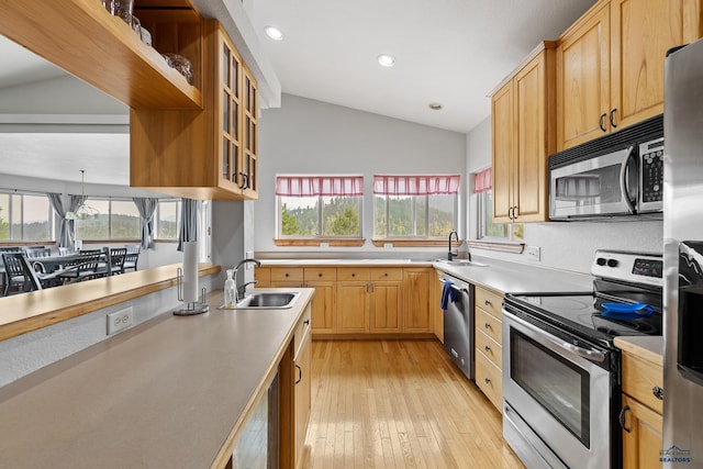 23863 Emerald Pines Dr, Hill City, SD 57745 - kitchen with a sink, lofted ceiling, light wood-style flooring, and stainless steel appliances