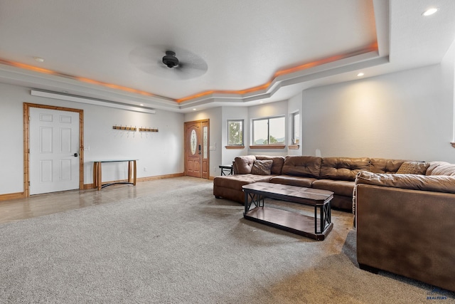 23863 Emerald Pines Dr, Hill City, SD 57745 - carpeted living area featuring a ceiling fan, a raised ceiling, baseboards, and recessed lighting