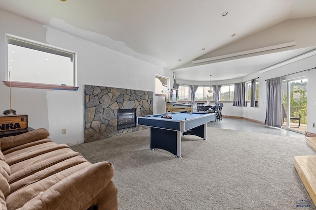 23863 Emerald Pines Dr, Hill City, SD 57745 - rec room with carpet flooring, a fireplace, recessed lighting, billiards, and vaulted ceiling