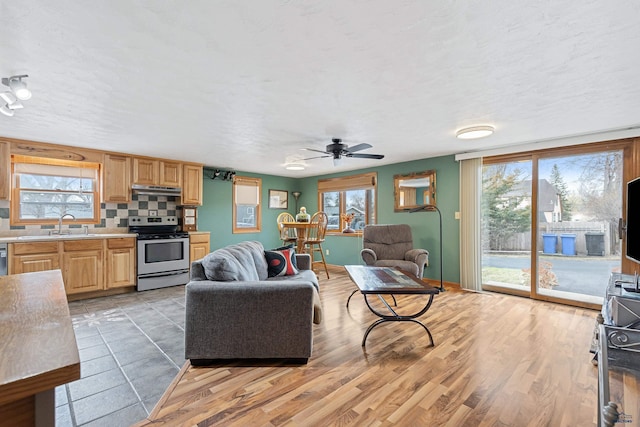 4024 W Main, Rapid City, SD 57702 - living room with a textured ceiling, baseboards, light wood finished floors, and ceiling fan