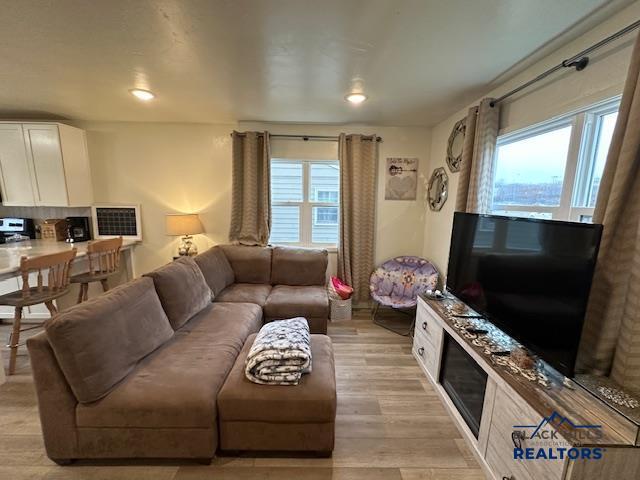 living room with light wood-style flooring and recessed lighting