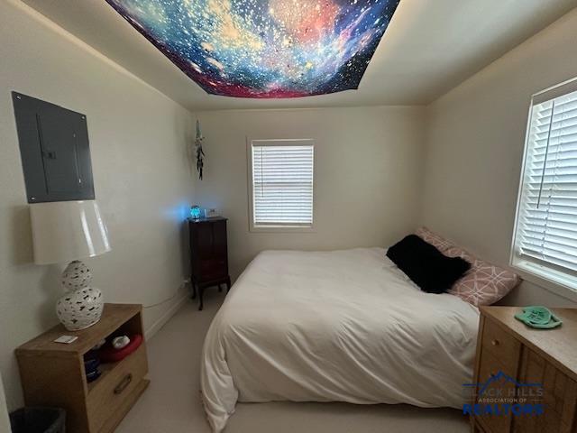 bedroom featuring electric panel and carpet floors