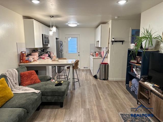 living area featuring baseboards and light wood finished floors