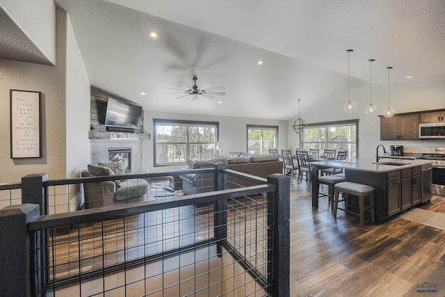 21260 Ridgewood Trl, Lead, SD 57754 - kitchen featuring a breakfast bar, stainless steel appliances, dark wood-type flooring, a sink, and open floor plan