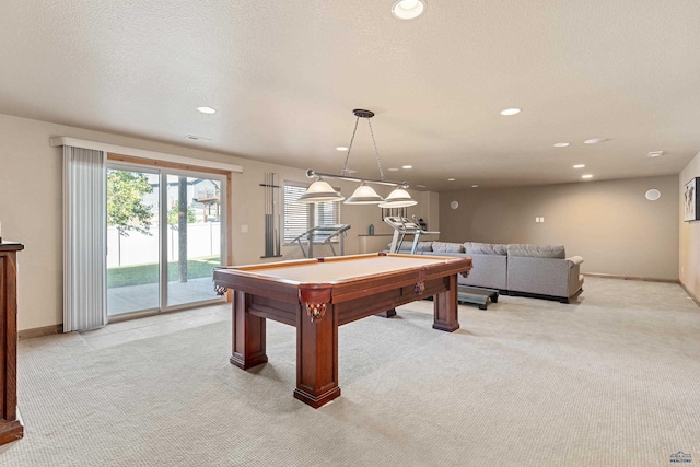 rec room with a textured ceiling, baseboards, recessed lighting, light carpet, and billiards
