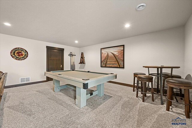 game room featuring baseboards, carpet, pool table, and visible vents