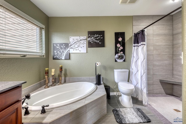 4153 Augusta Dr, Rapid City, SD 57703 - bathroom with a bath, toilet, a tile shower, tile patterned floors, and vanity