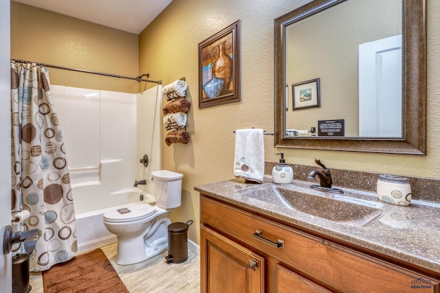 4153 Augusta Dr, Rapid City, SD 57703 - bathroom featuring toilet, vanity, a textured wall, and shower / bathtub combination with curtain