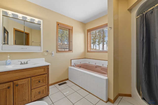 24354 Rushmore Ranch Rd, Keystone, SD 57751 - full bath with a bath, baseboards, tile patterned floors, vanity, and a shower with curtain
