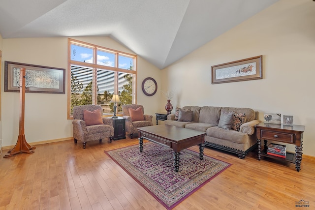 24354 Rushmore Ranch Rd, Keystone, SD 57751 - living room with baseboards, light wood-style floors, and vaulted ceiling